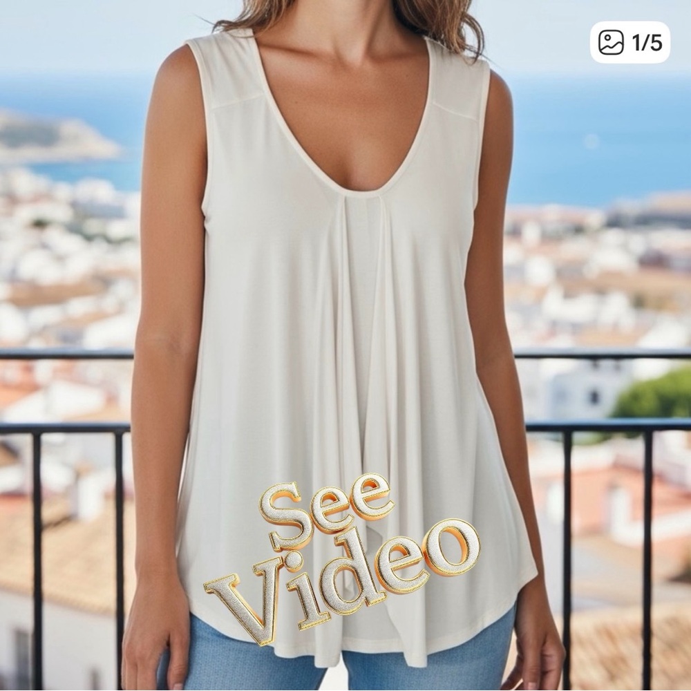 👛 (ANY 2/$25) CLIENTELE Asymmetrical White Sleeveless Hi-Lo Tunic Top Raw Edge